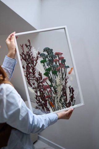 Картина с композицией из сухоцветов в размере L, рама из массива дерева покрыта белой краской L-W-K-132 фото